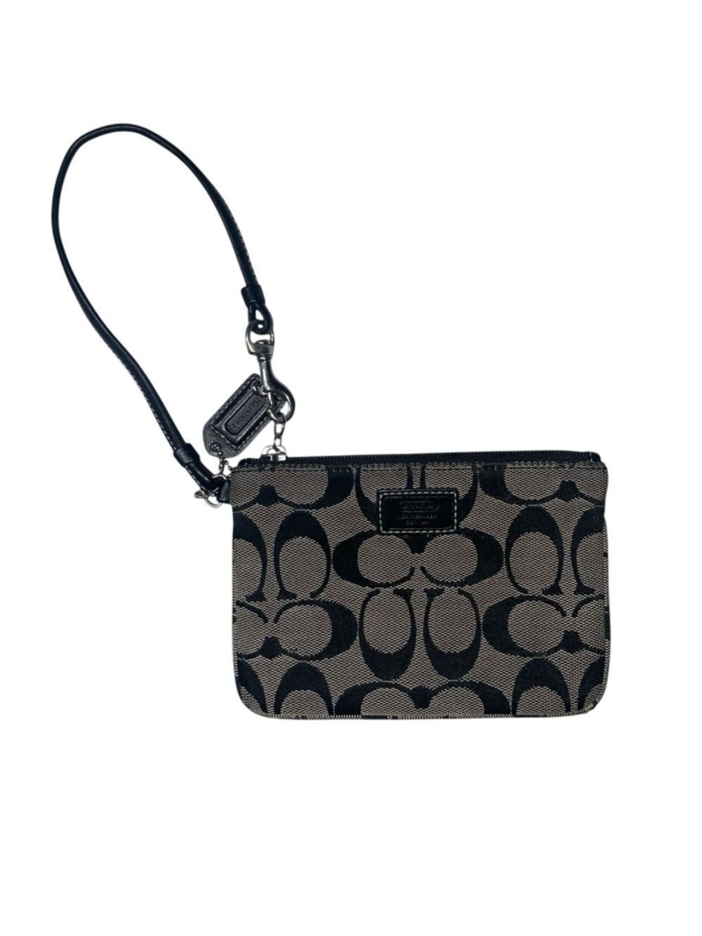 Coach Signature C‎ Jacquard Wristlet Wallet Black Tan Leather Trim